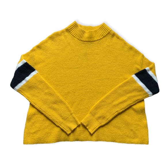 John + Jenn Mustard Yellow Varsity Stripe Mock Neck Sweater M - Picture 1 of 6